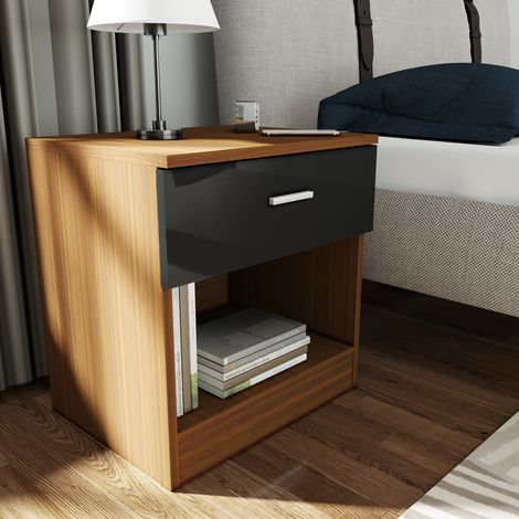 ELEGANT Modern High Gloss Bedside Cabinet Night Stand Storage Shelf with Bin Drawer Black/Walnut (1/5)