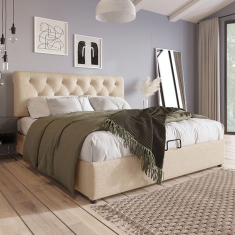 Cama doble tapizada hidráulica de 160x200 cm, cabecero regulable, base de láminas metálicas, estructura moderna con espacio de almacenamiento, acabado natural, colchón no incluido.