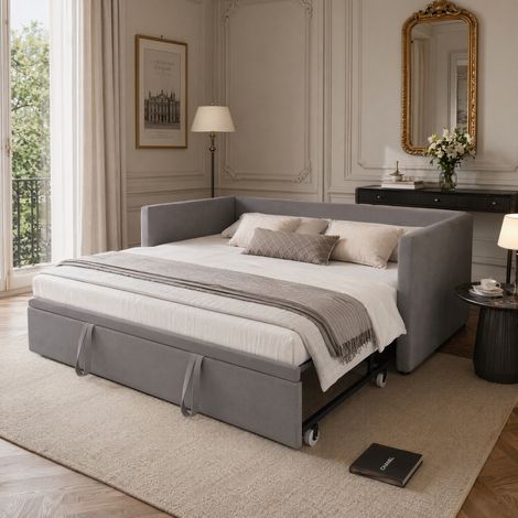 Lit gigogne 90/180x200 cm en velours, lit capitonné canapé, Canapé-lit extensible avec sommiers à lattes et accoudoirs, lit multifonctionnel avec dossier rembourré, gris (1/5)