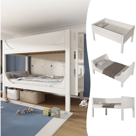 Lit superposé séparable 90x200cm, échelle réversible, design traîneau, bois blanc, sans matelas (1/5)