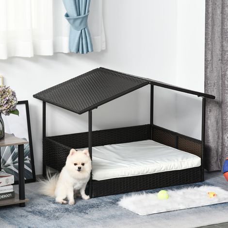PawHut Cuccia per cani da esterno in rattan con baldacchino, cuccia rialzata per cani di piccola e media taglia, cuccia rinfrescante per animali domestici con struttura in metallo, cuscino da esterno, (1/5)