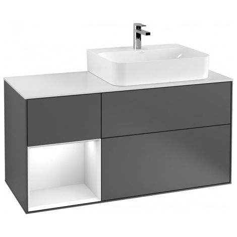 Finion, Meubles sous lavabo, 1200 x 603 x 501 mm, Angulaire,avec meuble étagère (éclairé), modèle suspendu, En bois, lavabo à droite, éclairage LED, 1x LED / 2,3W, 2700 K à 6480 K, Peony Matt Lacquer