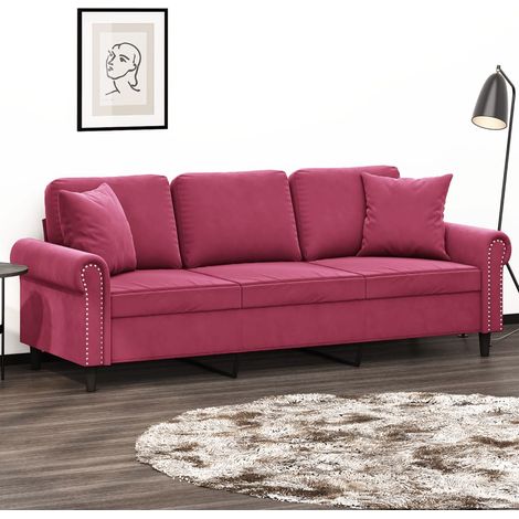 Sofá de 3 plazas con cojines terciopelo rojo tinto 180 cm vidaXL