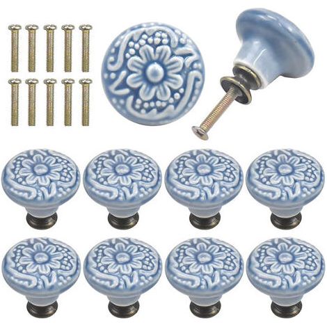 Lot de 10 boutons de tiroir en céramique bleu vintage, gravés, ronds, avec vis. (1/4)