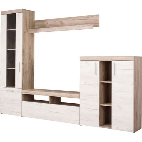 Wohnwand Oggiono, Modulares Wohnzimmermöbel, 14 Regale, Schubladen, 262x35x195h cm Weiß Lärche