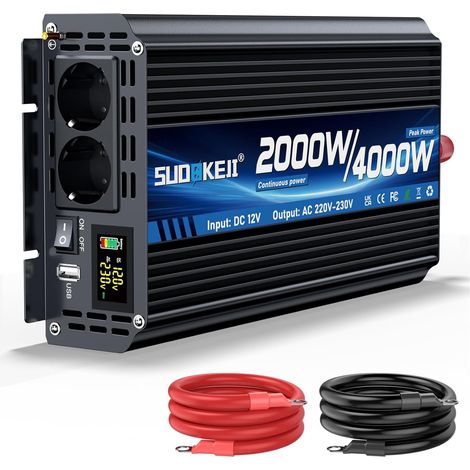 Onduleur 12 V 230 V 2000 W/4000 W Convertisseur de Tension Sinus modifié Onduleur Sine Wave avec 2 Prises CA et Ports USB et Type-C pour Voiture, Camping-Car, véhicules (1/5)