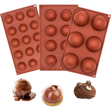 3 Pièces Moule Silicone Demi Sphère, Moule Boule Silicone, 3D Moule Gâteau Demi Sphère Set de 6, 8 et 15 Cavités pour la Fabrication de Chocolat, Gâteau, Gelée, Mousse de Dôme (1/5)