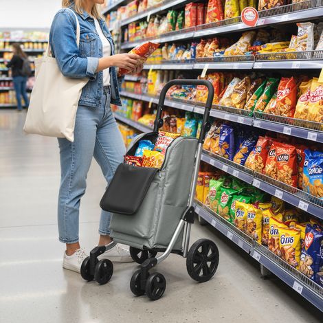 Carrello della spesa, borsa da 46 litri, carrello pieghevole con borsa termica, maniglia regolabile, telaio in alluminio, grigio