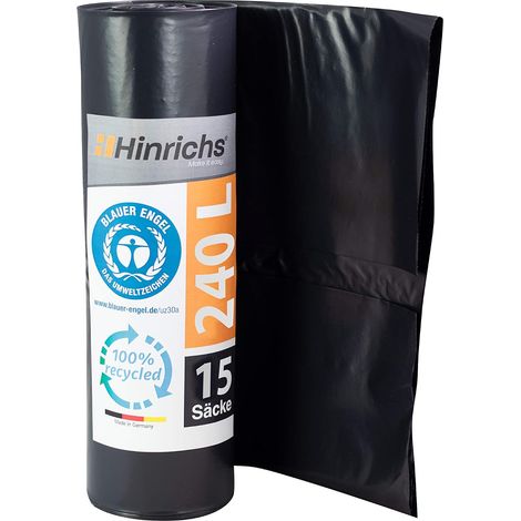 Sacs Poubelle 240 L Ultra Resistant - 100x125 cm - Rouleau de 15 - Fabriqué à partir de LDPE recyclé - Noir - Sachet à ordures pour Jardins, Maisons et Chantiers de Construction (1/5)