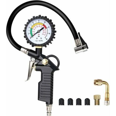 Manometre Pression Pneu. Numérique Manomètre Pneu. Pistolet de Gonflage Manomètre Avec 4 Bouchons de Valve//un Adaptateur de Buse à Air Français//une Tige de Rallonge en Métal de 90 Degrés-INHHUB