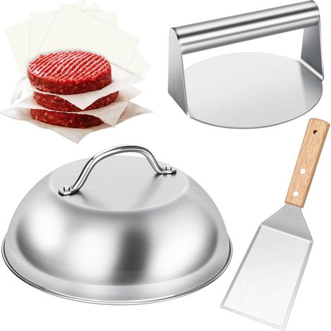 Smash Lot de 4 hamburgers en acier inoxydable avec 50 feuilles de papier paraffine Cloche à hamburger Melting Dome Burger Large (1/5)