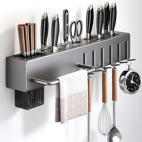 Support Mural Porte Couteaux Sans Perçage(Gray-40cm), Étagère De Rangement Cuisine Multifonction Avec Crochets, Porte Ustensiles Range Couverts Rangement Cuisine Et Maison (1/5)