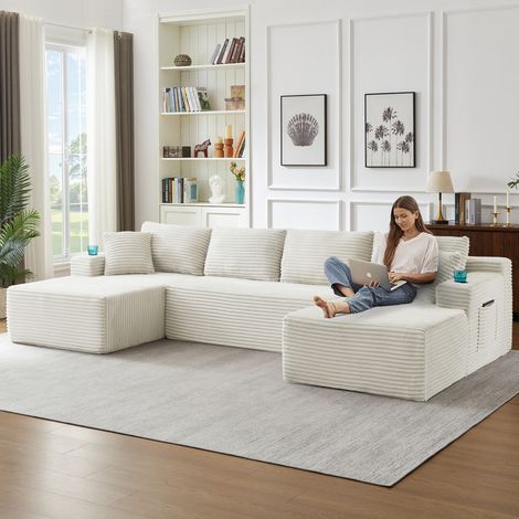 canapé d'angle convertible,canapé modulaire en U gris,sans montage,canapé 4 places en velours côtelé,méridienne mousse à mémoire,canapé nuage,canapé d'angle convertible 4 places (Beige)
