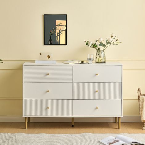 Cassettiera a 6 cassetti - 120x40x78 cm - con maniglie in lega di zinco e gambe in acciaio - MDF - Bianco (1/5)