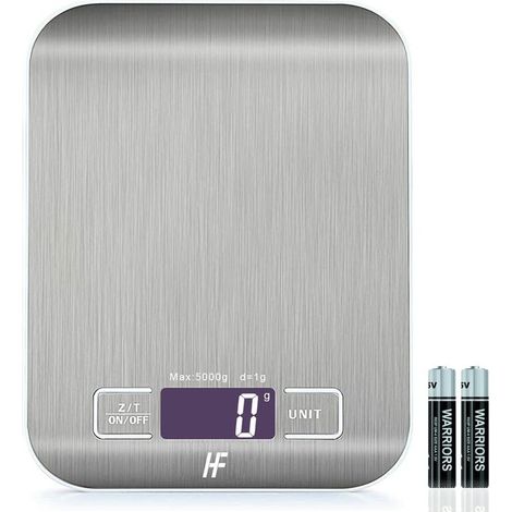 Balanza electrónica de cocina de alta precisión de 5000 g/1 g con pantalla LCD retroiluminada, 6 unidades y función de tara, acero inoxidable, pilas incluidas. (1/5)