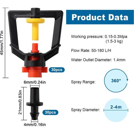 30 Mikro-Sprinklerdüsen, 360-Grad-Zerstäubungsdüsen, brechende Mikrodüse, hängender Bewässerungssprinkler mit Schlauchanschluss, für Rasen und Gärten (1/4)