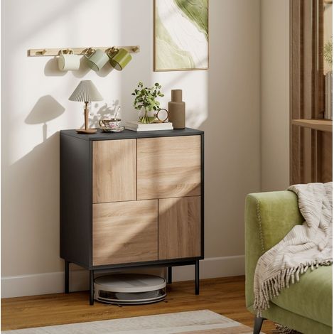 Credenza 120x40x80 cm nera effetto legno in MDF e metallo con ante push-to-open (1/3)