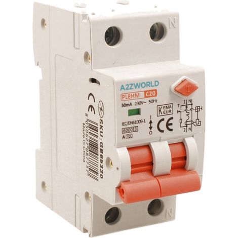 RCBO Doppia Leva, Interruttore Magnetotermico Differenziale Tipo A Curva C 1P+N 2M 6000A 30mA C20A AC 230V IP20 IEC61009-1 PL8HM