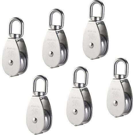 M15 304 Stainless Steel Single Pulley, 15MM Single Pulleys Block Roller, Crane Swivel Hook Smooth Wire Rope Cable Load 77lbs/35Kg (6Pcs)