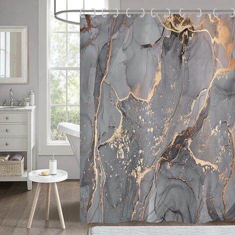 Rideau de Douche Marbre Gris 180x200, Or Craquelé Abstrait Moderne Luxe Art de Baignoire Imperméable en Tissu Lavable avec Crochets (1/5)