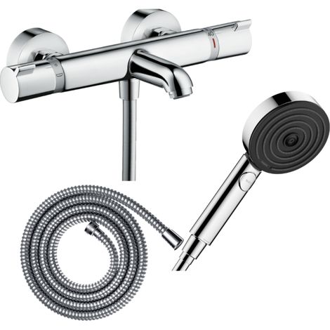 HANSGROHE Pack mezclador termostático para baño-ducha Ecostat Comfort + flexo Metaflex 160 cm + rociador Pulsify Select EcoSmart 105 cromados