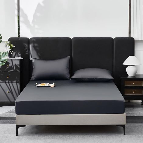 Drap Housse 140x190 Coton Satin Gris Foncé Bonnet 30 cm Drap Housse 140x190 Satin de Coton Rafraîchissant Doux Respirant Deluxe Soyeux Drap de lit pour Matelas Épais, Certifié Oeko-Tex (1/5)