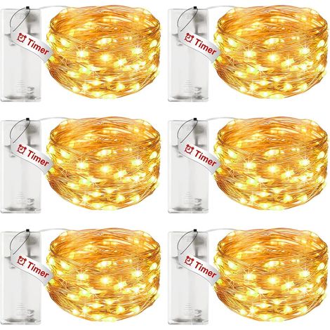 Lot de 6 Petite Guirlande Lumineuse à Pile avec Minuteur, 3M 30 LED Fil Cuivre Fairy Lights, Gguirlande LED à Pile (Piles AA) Pour Fête, Noël, Halloween, Mariage, Décoration, Blanc Chaud (1/5)