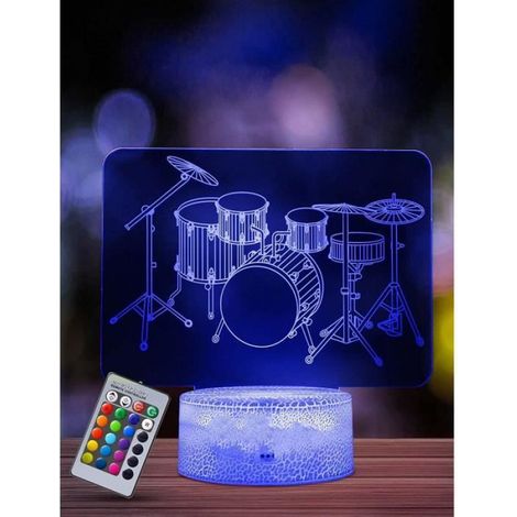 Veilleuse Tambour - Lampe 3D Pour Chambre Enfant - 16 Couleurs Réglables Avec Télécommande - Alimentation USB Ou Piles - 1 Pièce (1/5)