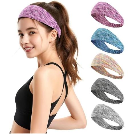 Conjunto de 5 diademas para mujer: diadema ancha de yoga que absorbe la humedad, diadema deportiva elástica suave antideslizante, adecuada para entrenamiento, correr y el gimnasio. (1/5)