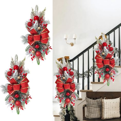Lot de 2 guirlandes de Noël en forme de larme 55cm en PVC avec baies, pommes de pin et nœud, rouge, pour escalier et extérieur (1/3)