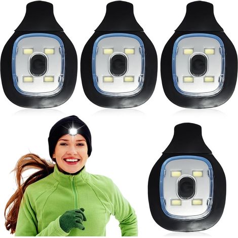 Lampe frontale LED blanche alimentée par USB (lot de 4) avec interrupteur à bouton-poussoir, lampe de chapeau, lampe à pince 1 W, lampe de jogging pour activités de plein air