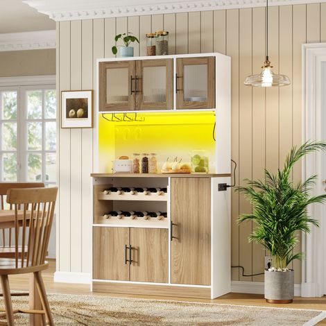 Armoire cuisine LED prise électrique porte-verres vin casier bouteilles rangement portes bois moderne 100 x 40 x 180 cm