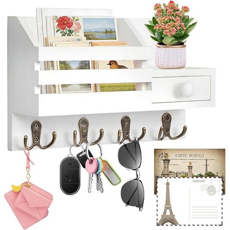Wall-Mounted Mail Holder and Key Ring, Wall Key Box with Hooks, Wall Key Cabinet, Key Holder Organizer for Entrance, Corridor, Office (White) (1/5)