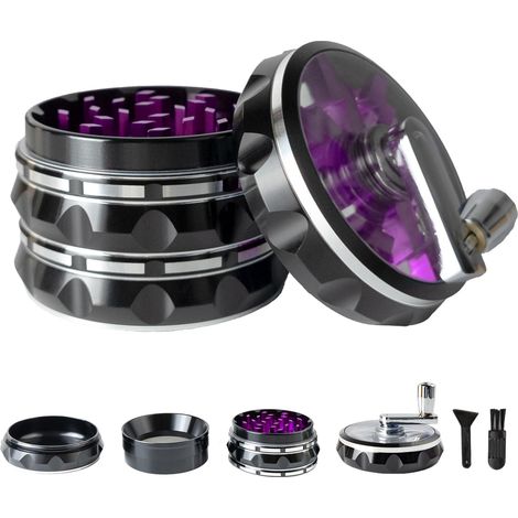 Grinder à herbes en métal transparent de 6,3 cm, grand moulin à épices en alliage d'aluminium avec poignée pliable, (noir/violet)