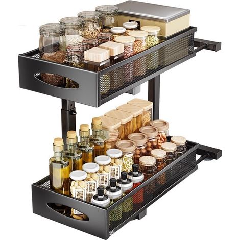 Rangement placard cuisine coulissant,2 tiroirs de rangement de cuisine coulissant, idéal pour l'aménagement des placards de cuisine, Métal, 41x22.5x43cm, noir