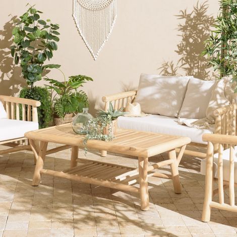 WILL - Table basse rect. en branches de bois de teck double plateau (1/5)
