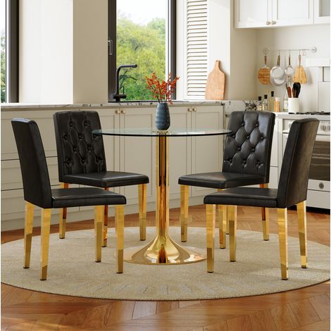 Ensemble table chaises ronde verre 85 cm noir doré OKMYHOME (1/5)
