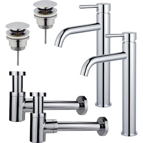 FugaFlow Eccelente Sobrado Kit robinet lavabo - pour double vasque - robinet rehaussé - bonde clic clac - siphon design bas - (1/4)