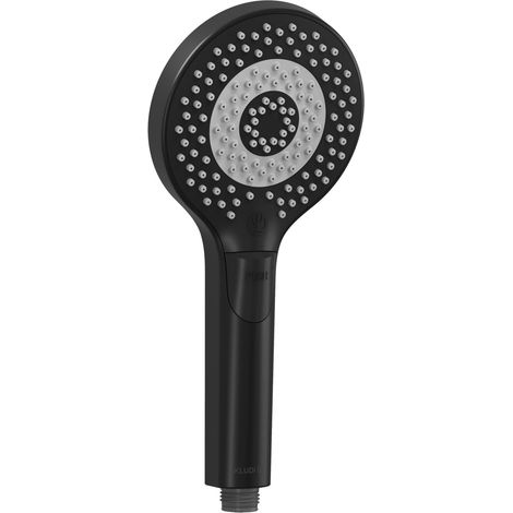 KLUDI-X3 Soffione doccia universale a risparmio idrico come opzione, doccino per doccia con 3 tipi di getto (corpo, capelli, pelle), soffione facile da pulire Ø 11,7 cm, doccia soffione nero opaco