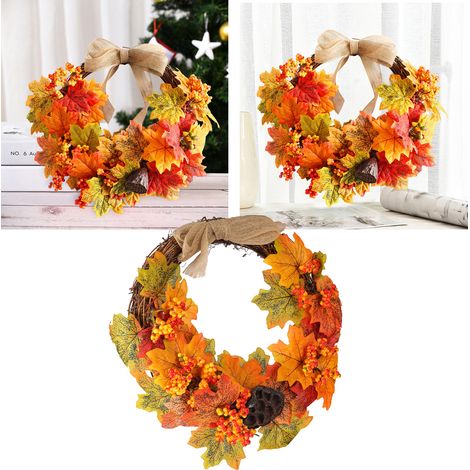 Couronne de porte en feuilles d'érable artificielles, décoration murale en rotin aux couleurs d'automne, ornement pour la fête des récoltes (1/5)
