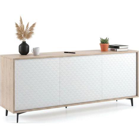 Dmora - Aparador Ddemm, Mueble buffet con 3 puertas y 1 balda regulable, Elegante aparador para salón, gabinete de TV, 100% Made in Italy, 184x45h77 cm, Blanco y Roble