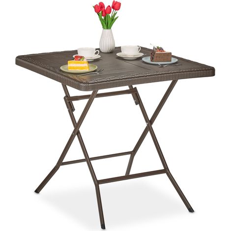 Relaxdays Tavolo Pieghevole da Giardino, Tavolino da Campeggio HLP: 74x78x78 cm, Arredo Esterno Effetto Legno, Marrone