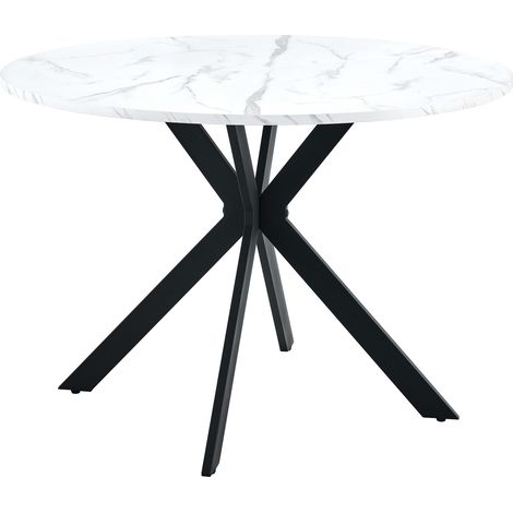 Table à manger ronde moderne effet marbre blanc en MDF – piètement noir en X, table de salle à manger pour cuisine et salon, diamètre 110 cm