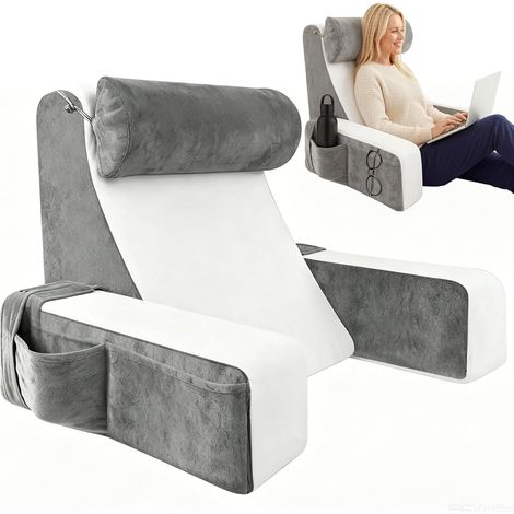 Oreiller de lecture avec traversin et accoudoir amovibles, coussin ergonomique extra haut en forme de coin avec accoudoirs et poches intégrés, support dorsal en mousse compressée pour une position ass (1/5)