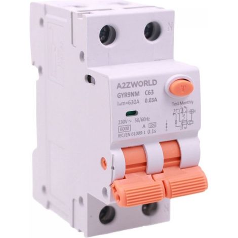 RCBO Doppia Leva, Interruttore Magnetotermico Differenziale Tipo A Curva C 1P+N 2M 6000A 30mA AC 230V IP20 IEC61009-1 GYR9NM, Disponibili 40A 50A 63A (C63A)