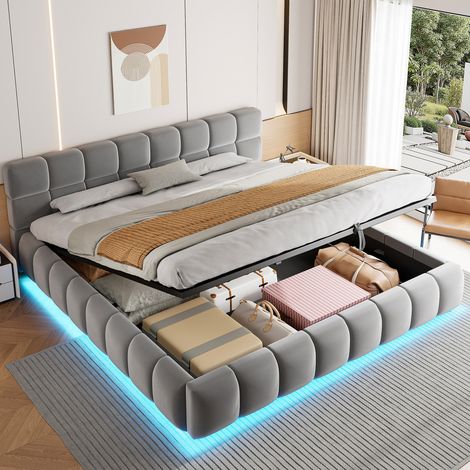 Letto imbottito 180 x 200 cm con luce LED, contenitore idraulico, velluto grigio (1/5)