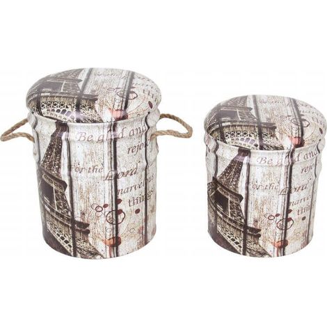 Pouf contenitori da interno in PVC con decoro Parigi Tour Eiffel set 2 pezzi -  LightGrey