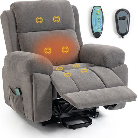 Fauteuil relax électrique inclinable et levant gris clair avec massage, chauffage, porte-gobelet et poches latérales, aide au lever pour personnes âgées (1/5)