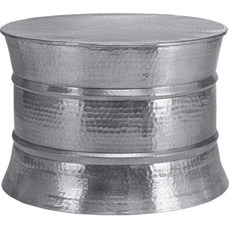 WOMO-DESIGN Table Basse Martelée de Salon - Table d'Appoint Ronde Artisanale Ø 62x33 cm - Aluminium Argenté - Design Oriental - Finition Martelée - Décoration Intérieure - Bout de Canapé Café Unique
