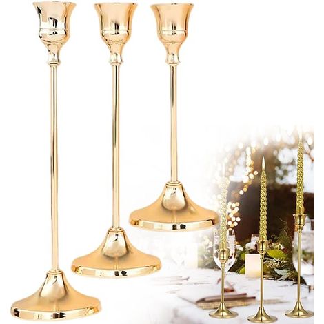 Lot de 3 bougeoirs en métal, supports à bougies de différentes tailles, décoration élégante pour maison, mariage, fête et cadeau de pendaison de crémaillère, or (1/5)